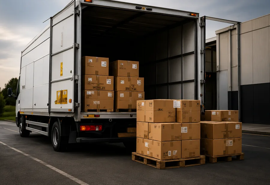Camion ouvert au quai de déchargement avec des palettes de cartons