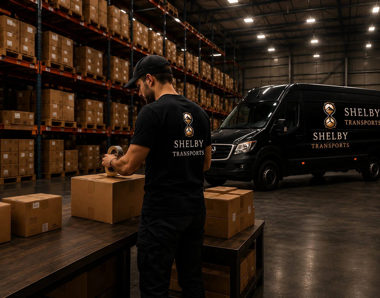Opérateur Shelby Transports préparant un colis devant le véhicule de livraison de l'entreprise